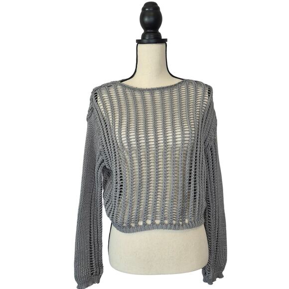 Miss Sparkling Sweaters - Miss Sparkling Sweater Grey Open Knit Crochet Crop Long Sleeve Women's Size S